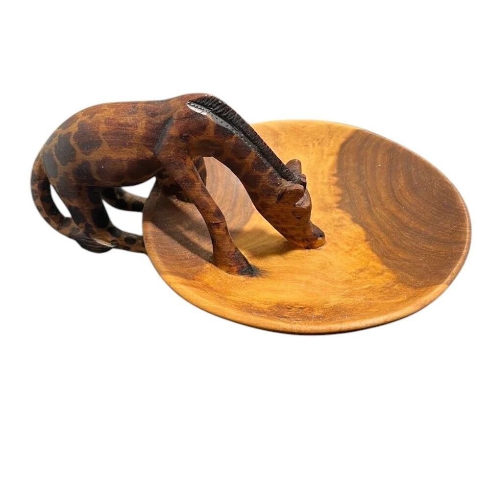 AFRICAN GIRAFFE Figurine Bowl Handmade Carved Wood Painted Traditional Souvenir